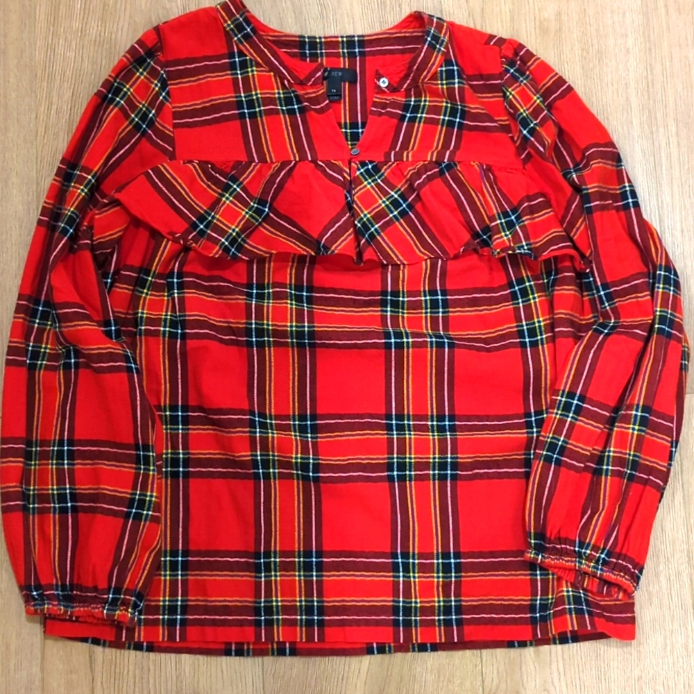 J. Crew Red Tartan Ruffle Top Sz. Small Tall
